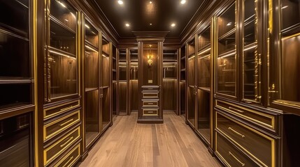 A sleek and elegant walk-in closet featuring gold-edged glass doors, brown cabinets, and soft lighting.