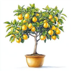 Bright and Lively Potted Lemon Tree with Abundant Yellow Fruits in a Decorative Pot
