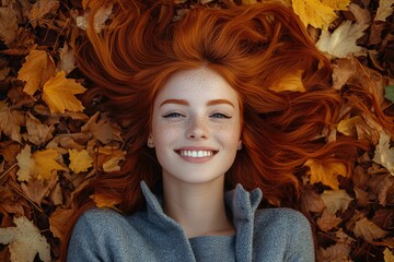 Autumn's Embrace: A Red-Haired Beauty Amidst Dried Leaves