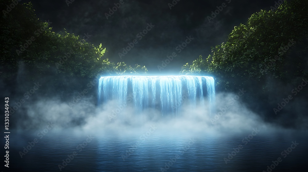 Aufkleber magical waterfall cascading into a misty pool surrounded by lush greenery.