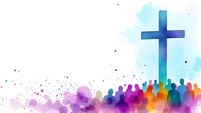 Abstract Watercolor Christian Worship Gathering with Colorful Crowd and Large Cross - Spiritual Faith, Community, and Religious Unity Concept