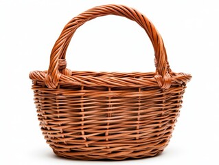 Classic woven wicker basket with curved handle and detailed texture isolated on white background symbolizing traditional craftsmanship natural materials and rustic elegance