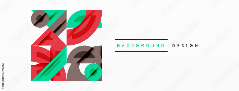 Poster Abstract geometric background with shapes, featuring circular and rounded elements. Bold contrast, smooth gradients, dynamic composition, futuristic style