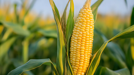 Close-up of golden and plump corn. A rural-style picture.