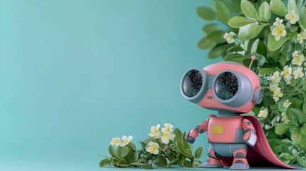 Cute Robot Hero in Flowers  3D Render  Cartoon  Space Adventure