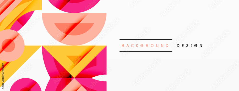 Poster Abstract geometric background with shapes, featuring circular and rounded elements. Bold contrast, smooth gradients, dynamic composition, futuristic style