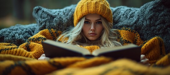 Obraz premium Young woman in yellow knitwear reads a book while relaxing outdoors.