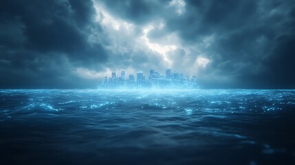 Fototapeta premium Futuristic cityscape emerging from a glowing ocean under dramatic clouds.