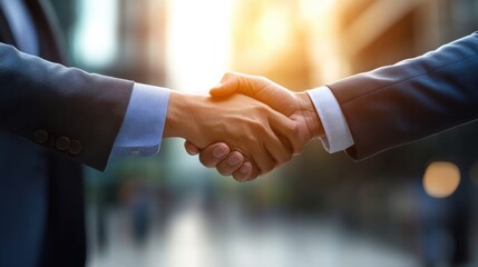 Business leaders shaking hands in a corporate setting, symbolizing strong partnerships, teamwork, and shared success.