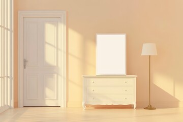 Sunlit Peach Room with White Dresser and Blank Frame