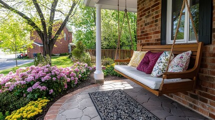 Cozy Front Porch with Floral Decorations and Swinging Bench