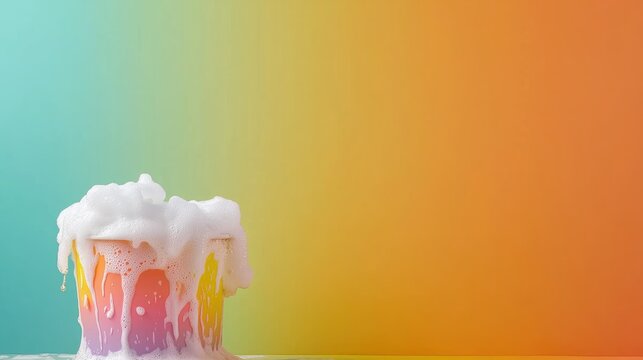 A mop bucket with sudsy water, bold colors, balanced composition above, dynamic ad background.