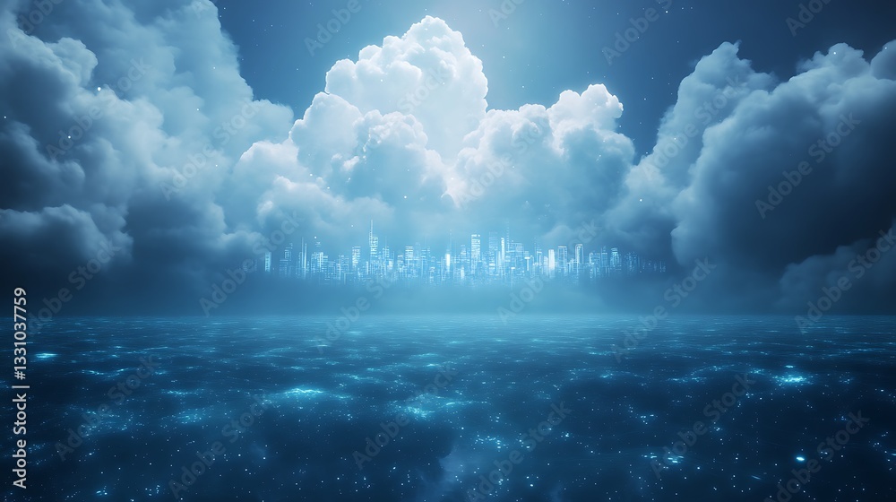 Poster serene ocean view beneath ethereal clouds with a futuristic city skyline illuminated above the water
