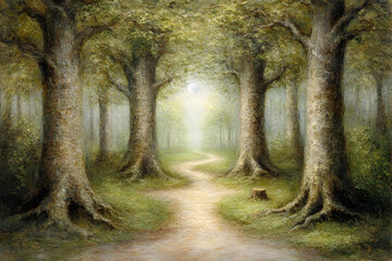 Obraz premium Serene forest path winding through ancient trees towards a luminous clearing, evocative of peace and tranquility.