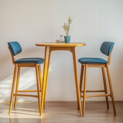 Sunny Minimalist Interior Wooden Table and Blue Bar Stools