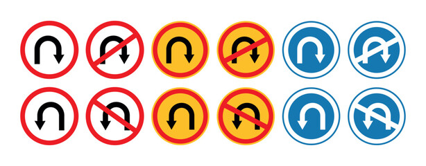 Fototapeta premium U-Turn Road Sign Vector. No U Turn Traffic Symbol, Highway Direction Indicator, Road Safety Signage, Transportation Warning Icon, Driving Regulation Illustration