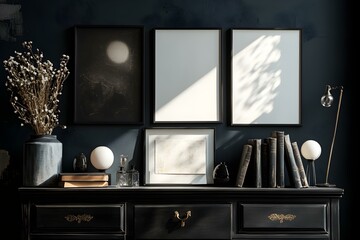Dark Art Room Interior with Drawer, Books, and Decorative Elements