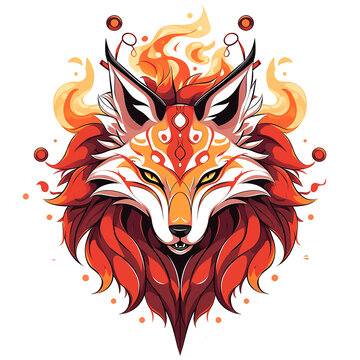The image presents a stylized fox creature design incorporating fire and flame aesthetics.