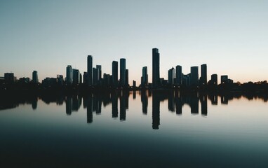 Obraz premium Dark Blue Twilight Cityscape Reflected In Calm Water