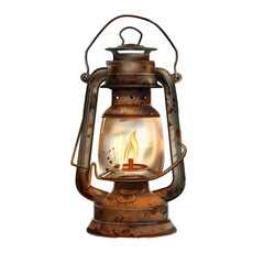 This image features an old rusty lantern with a lit flame inside, against a black background.