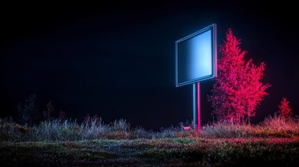 Minimalist Steel Billboard at Night  Glowing Pink Trees  Blank Ad Space