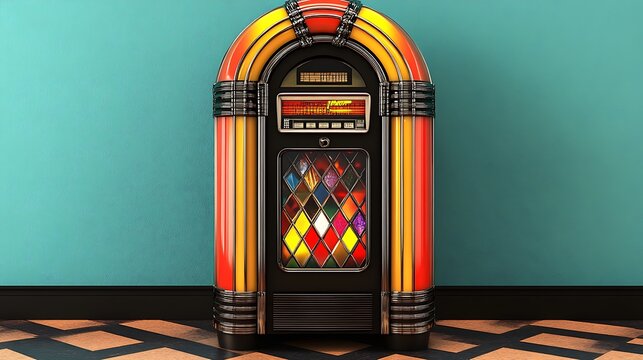 Retro jukebox standing in a room with blue wall, playing music, great for nostalgia concepts