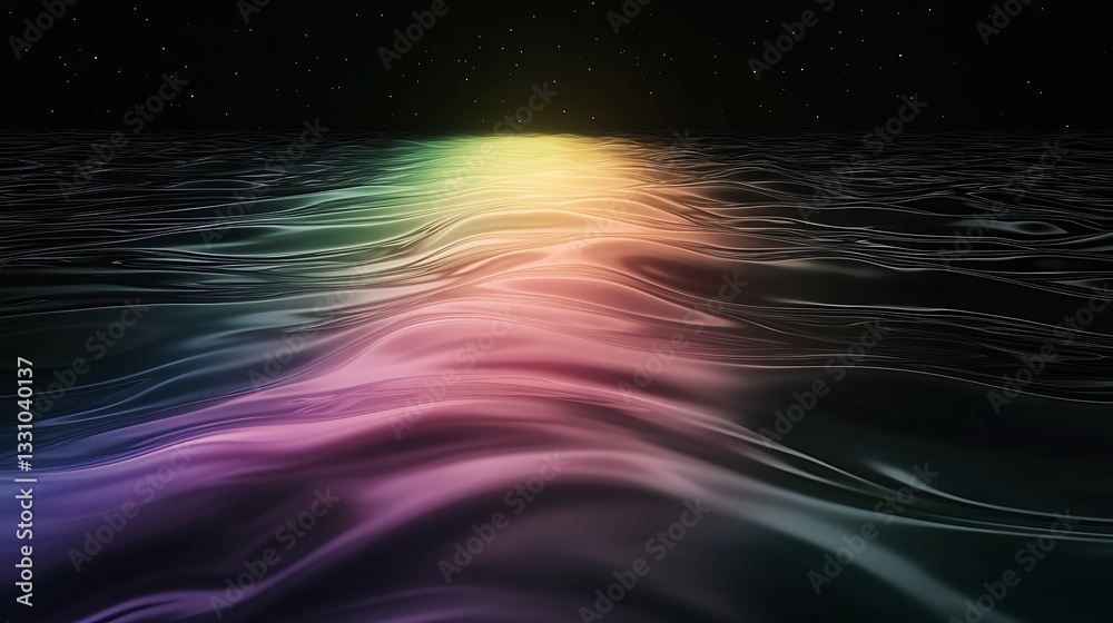 Poster colorful waves of light ripple across a dark surface, creating a serene, abstract landscape.