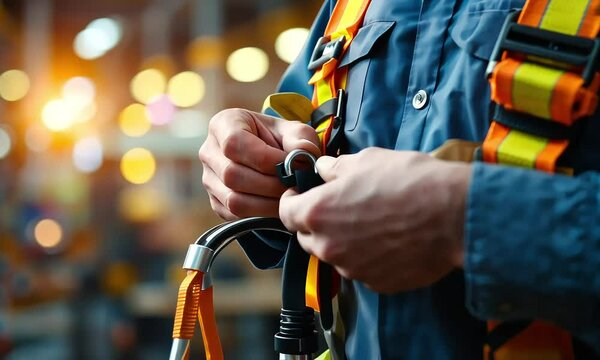 Closeup of Worker Adjusting Safety Harness in Industrial Setting