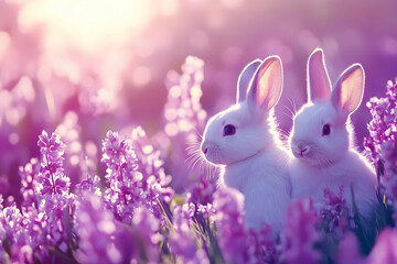 Fototapeta premium Adorable white bunnies nestled amongst vibrant purple flowers at sunset. A charming springtime scene perfect for Easter or spring themes.