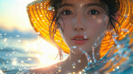 Radiant Woman with Wet Hair and Straw Hat in Sunlit Ocean Waves
