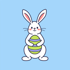 Easter character bunny, rabbit, hare holding painted egg. Vector flat design, outline illustration. Easter character icon, mascot, sticker. Greeting card, Happy Easter concept