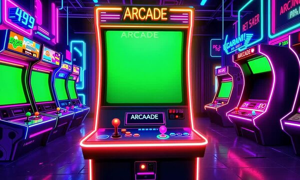 Retro Pixel Art Arcade Game Room With Neon Lights