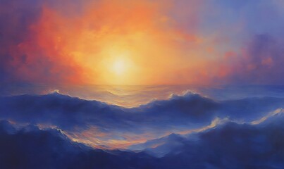 Obraz premium Vibrant sunset over ocean waves, blending warm colors with a tranquil atmosphere.