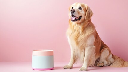 Happy golden retriever beside food container.