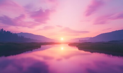 Fototapeta premium Tranquil sunset over a calm river, reflecting vibrant pink and purple hues against serene mountains.