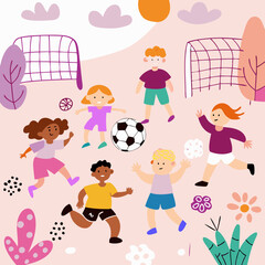 Fototapeta premium Children playing soccer in cheerful mood with colorful playful background