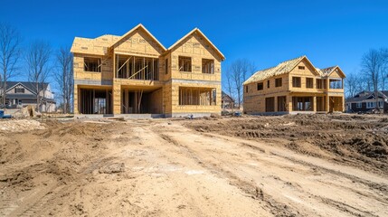New Construction Homes with Framing and Clear Blue Sky