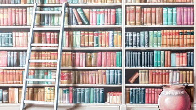 A step ladder positioned near a bookshelf, with books neatly organized and dust-free, showcasing thoroughness