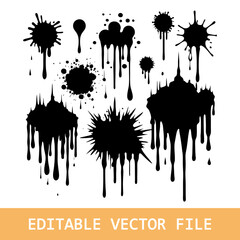 Set of spray paint drips, black blots or ink splatters. Blobs or inky spots with graffiti dirty grunge effect. Brush stains or inkblots with spatters or drops. Vector design elements in street style