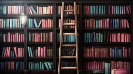 Fototapeta premium A step ladder positioned near a bookshelf, with books neatly organized and dust-free, showcasing thoroughness