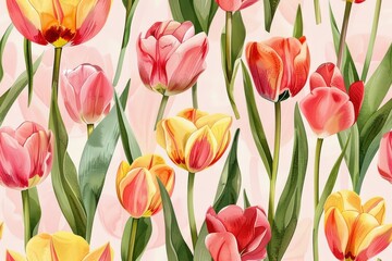 Obraz premium Colorful floral pattern featuring vibrant tulip flowers in various shades on a soft background for elegant decorative design in watercolor style. Cheerful seamless backdrop in spring concept.