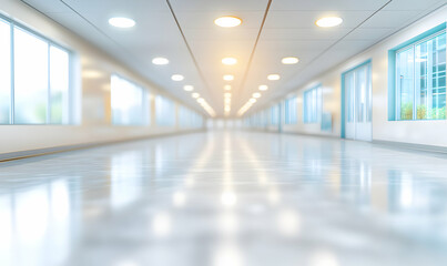 Modern, bright hospital corridor with clean, shiny floor and large windows, providing a sense of calm and serenity.
