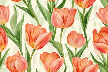 Vibrant floral pattern of tulip flowers with orange and red petals surrounded by lush green leaves on a soft background in watercolor style. Cheerful seamless backdrop in spring concept.
