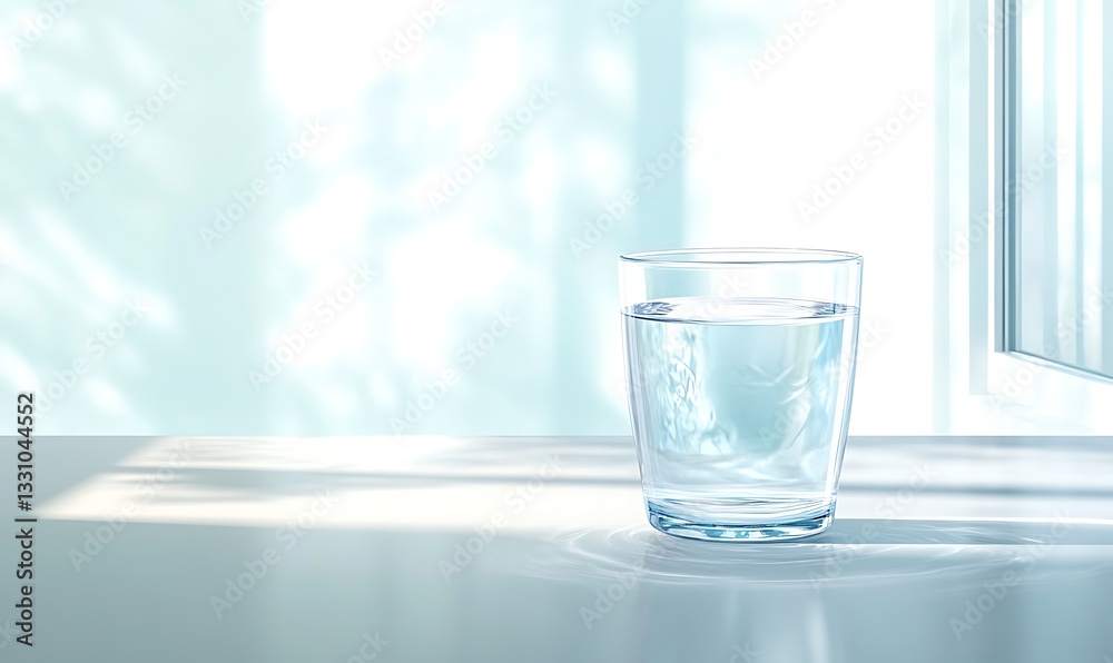 Poster a glass of water on a sunlit table, creating a serene and refreshing atmosphere.