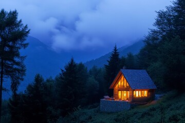 Fototapeta premium Warm Cabin Lights in Misty Mountain Forest at Dusk