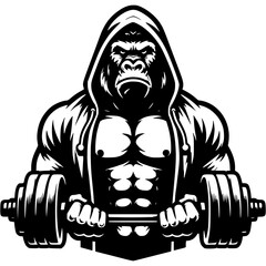 Tattoo of Gorilla pumps biceps with short barbell in the gym in monochrome. Hard training. Engraving minimalistic vector in black ink drawing on transparent background