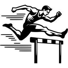 Sport emblem of male middle distance runner jumping over hurdles in monochrome. Engraving minimalistic vector in black ink drawing on transparent background