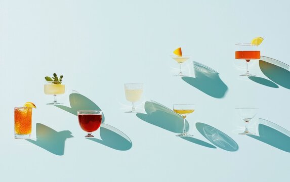 Colorful Cocktails on Pastel Blue Background With Dramatic Shadows