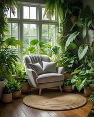 Fototapeta premium Cozy indoor garden corner with elegant armchair surrounded by lush green houseplants, soft cushions, and natural light from large windows creating a relaxing retreat 