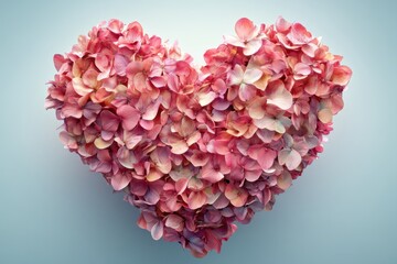 Heart Shape Created from Delicate Pink Petals on a Soft Blue Background
